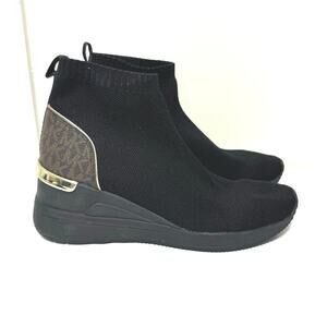 Michael Kors Women’s 7.5 Skyler Logo Stretch-Knit Sock Wedge Ankle Boots Black